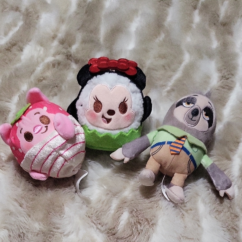 Disney Munchlings Pink, Green, and Gray Plush Set